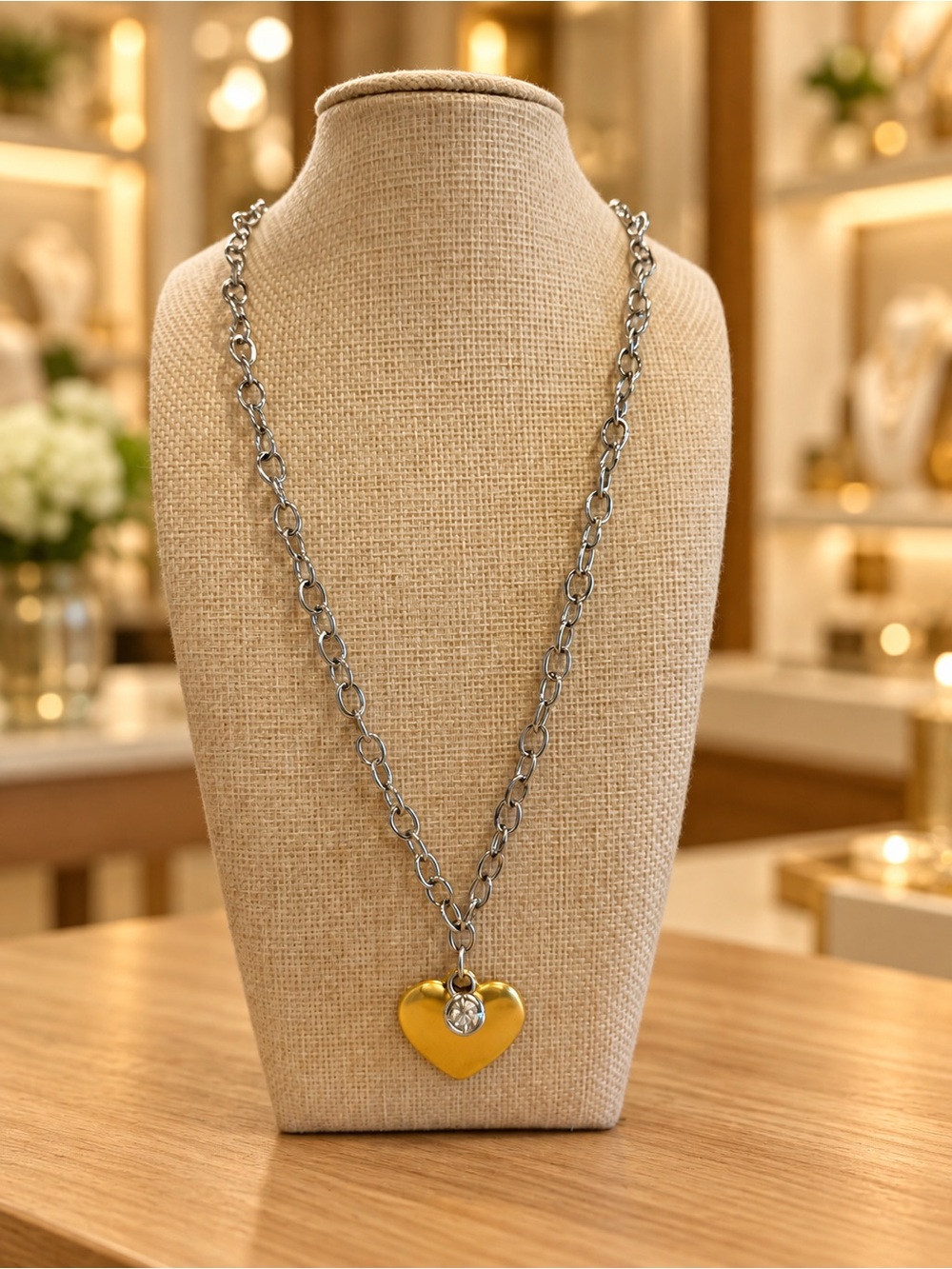 VB&CO gold hammered heart on silver chain with Swarovski crystal necklace